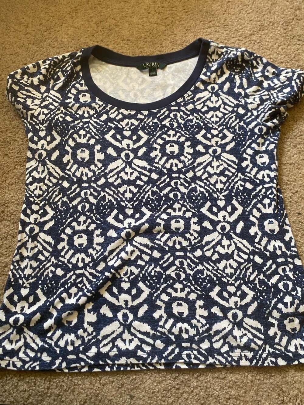 Lauren Ralph Lauren T-Shirt Size L Blue White Geometric Cotton